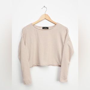 Lulu’s Fresh Start Beige Striped Long Sleeved Crop Top